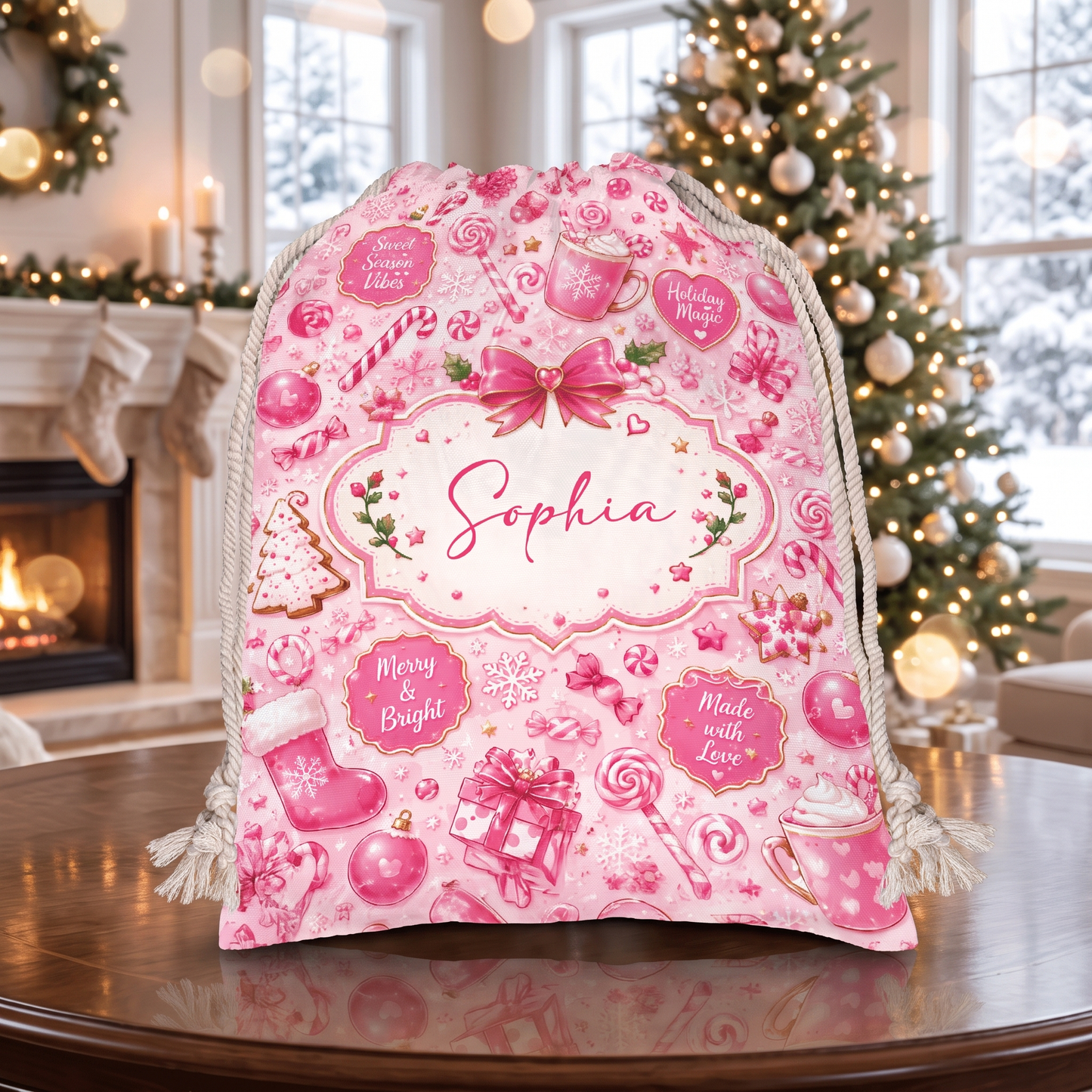 Personalized Pink Christmas Sweet Treats Christmas Sack with Custom Name