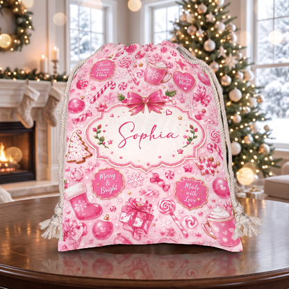 Personalized Pink Christmas Sweet Treats Christmas Sack with Custom Name