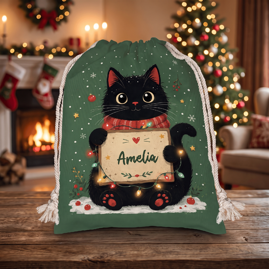 Personalized Green Christmas Black Cat Christmas Sack with Custom Name