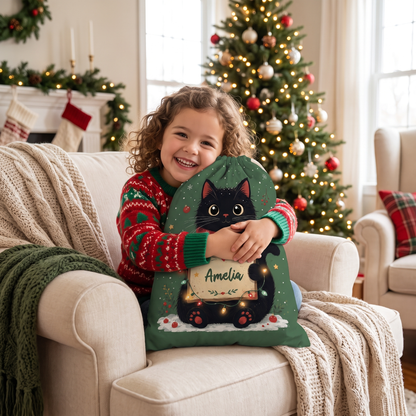 Personalized Green Christmas Black Cat Christmas Sack with Custom Name