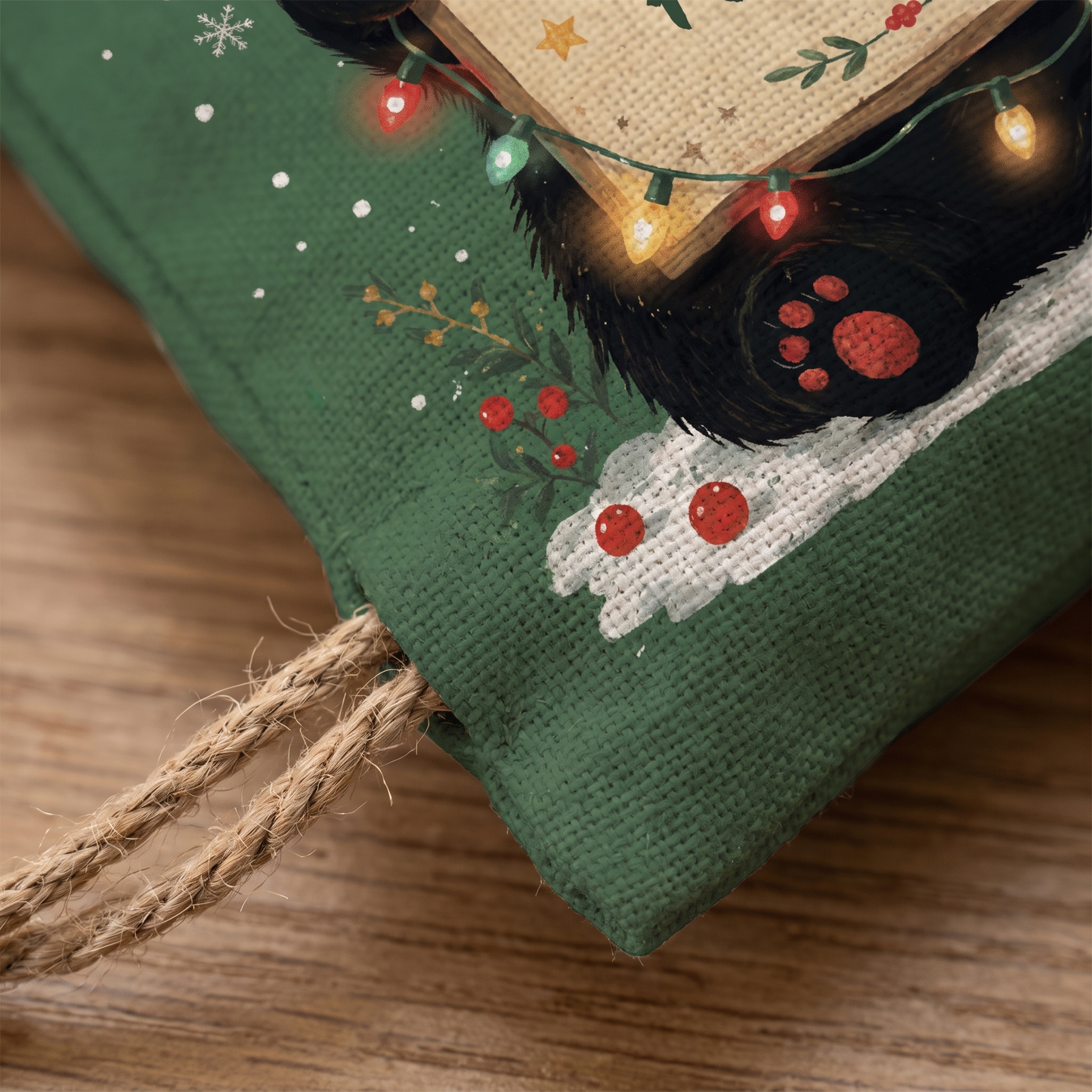Personalized Green Christmas Black Cat Christmas Sack with Custom Name