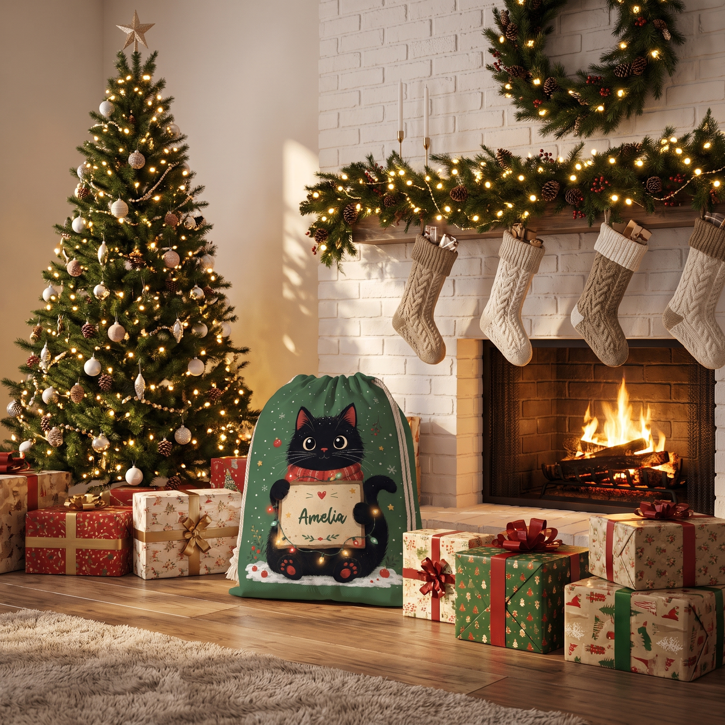 Personalized Green Christmas Black Cat Christmas Sack with Custom Name