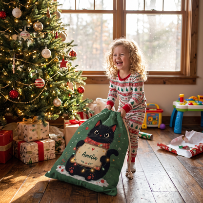 Personalized Green Christmas Black Cat Christmas Sack with Custom Name