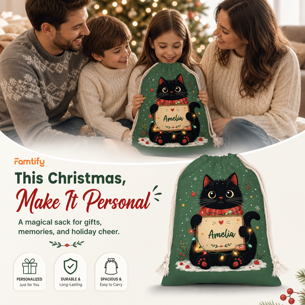 Personalized Green Christmas Black Cat Christmas Sack with Custom Name