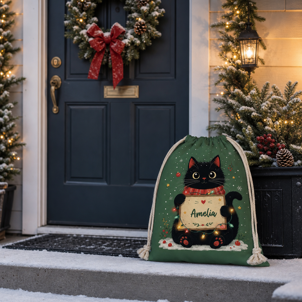 Personalized Green Christmas Black Cat Christmas Sack with Custom Name