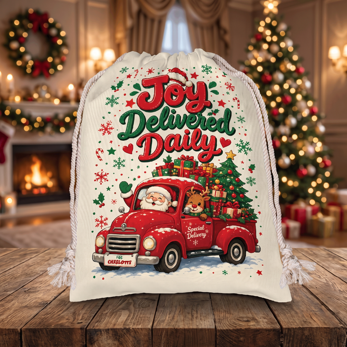 Personalized Joy Delivered Daily Christmas Sack, Custom Name Santa Gift Bag