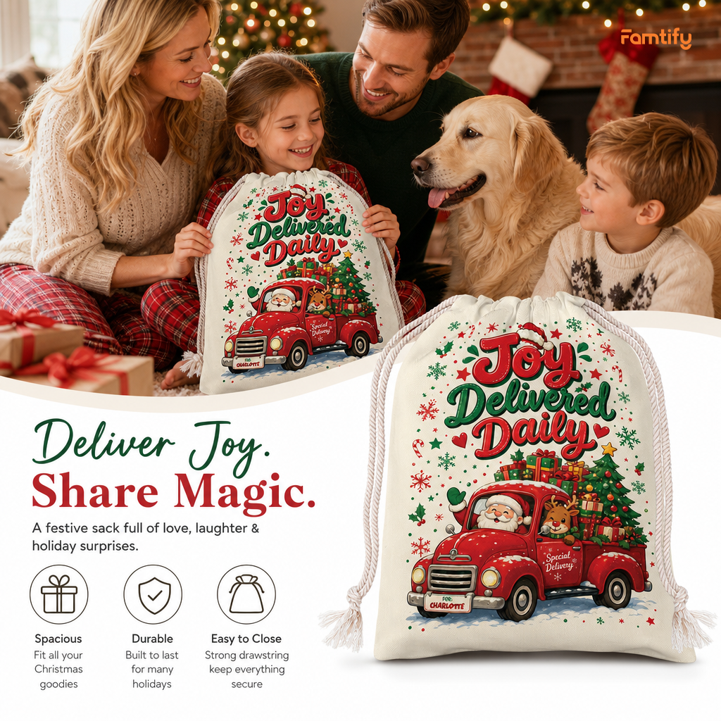 Personalized Joy Delivered Daily Christmas Sack, Custom Name Santa Gift Bag