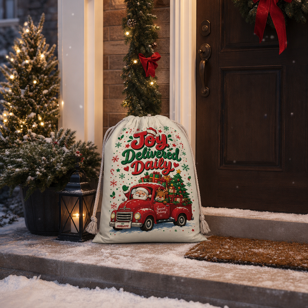 Personalized Joy Delivered Daily Christmas Sack, Custom Name Santa Gift Bag