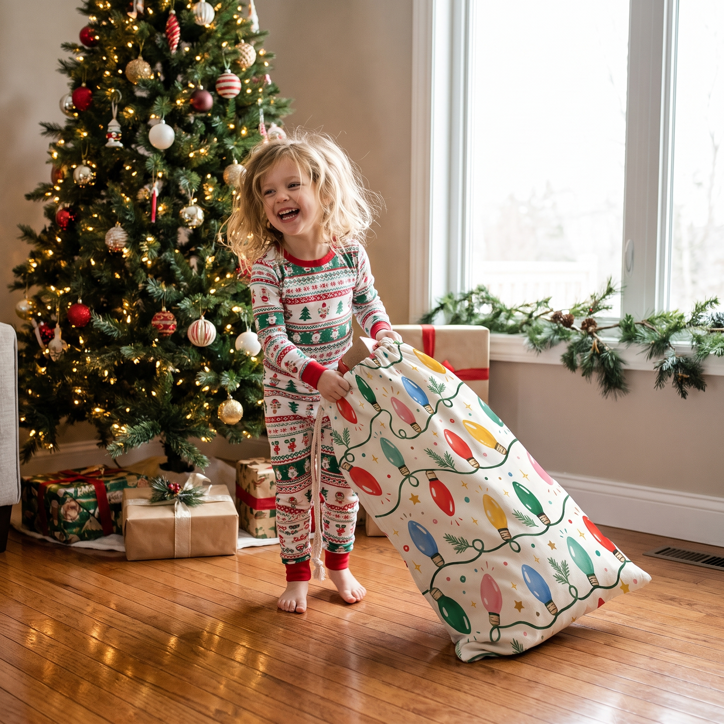Vintage Christmas Lights Pattern Christmas Sack