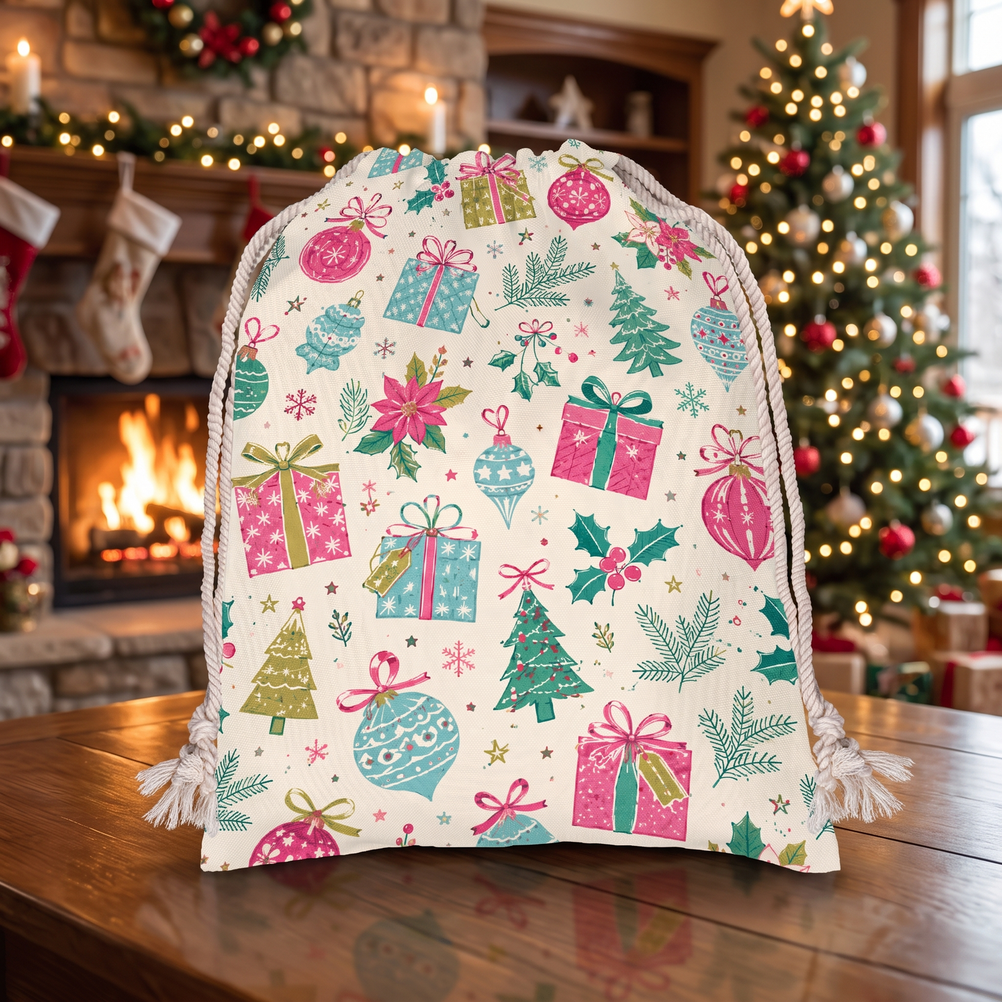 Vintage Christmas Gifts & Ornaments Pattern Christmas Sack