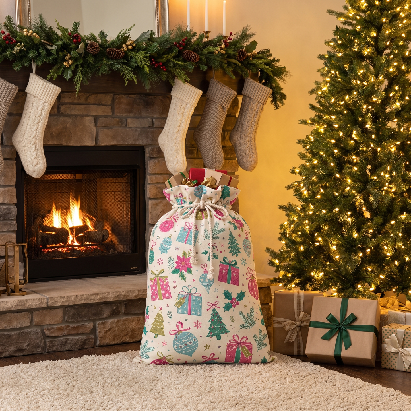 Vintage Christmas Gifts & Ornaments Pattern Christmas Sack