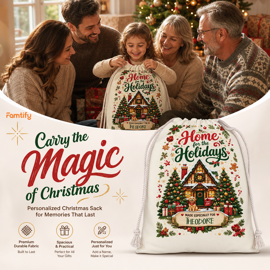 Personalized Home for the Holidays Christmas Sack, Custom Name Santa Gift Bag