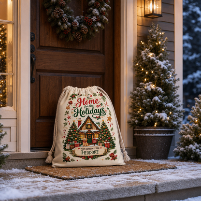 Personalized Home for the Holidays Christmas Sack, Custom Name Santa Gift Bag