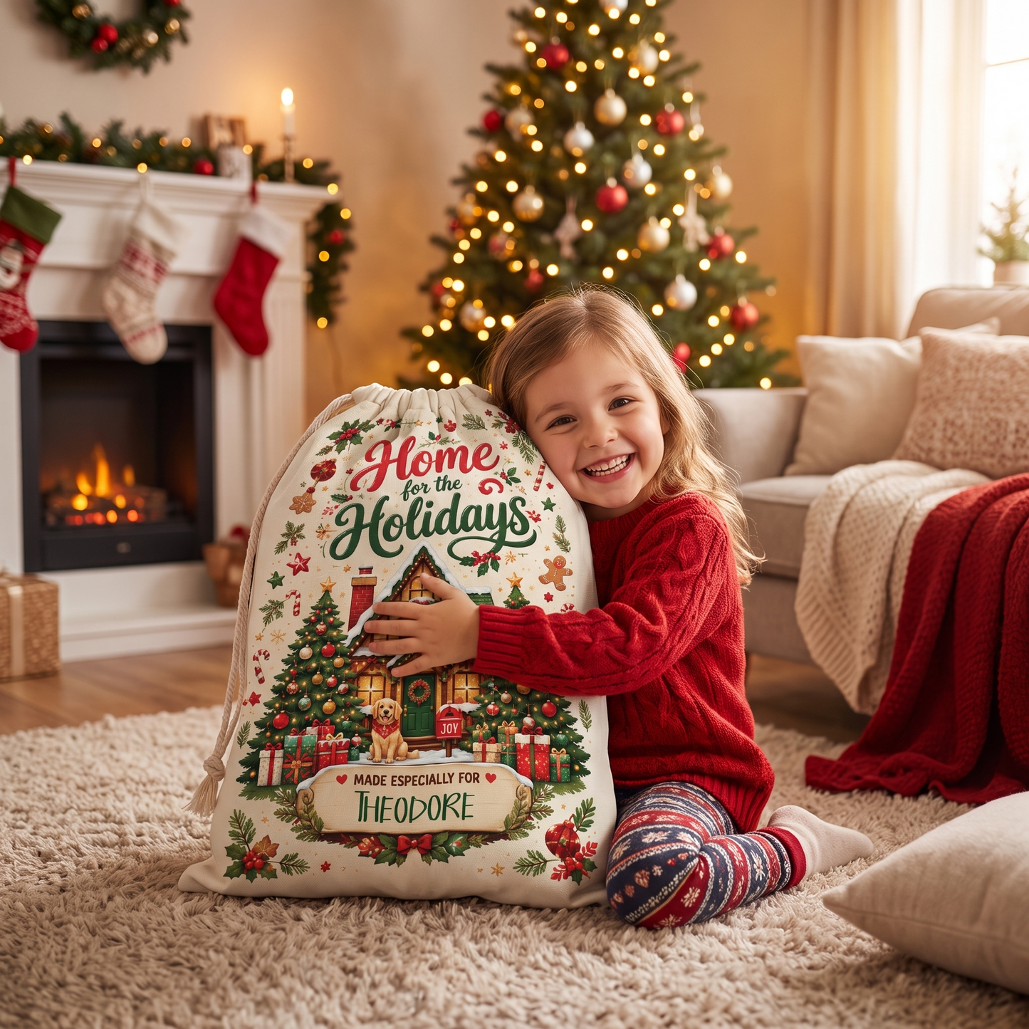 Personalized Home for the Holidays Christmas Sack, Custom Name Santa Gift Bag