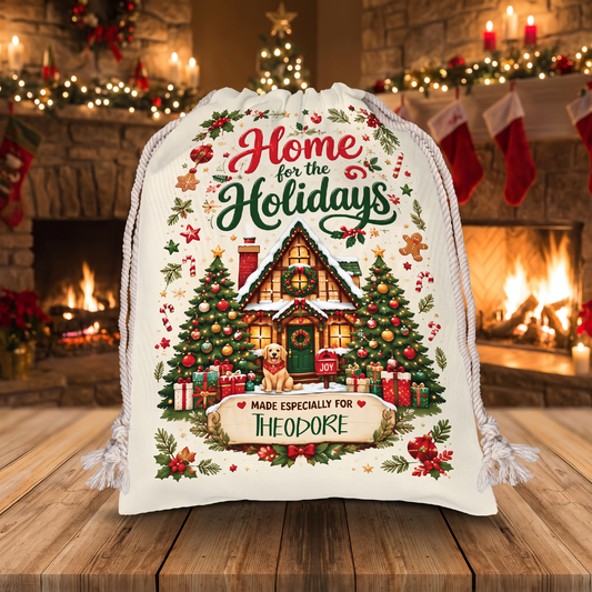 Personalized Home for the Holidays Christmas Sack, Custom Name Santa Gift Bag