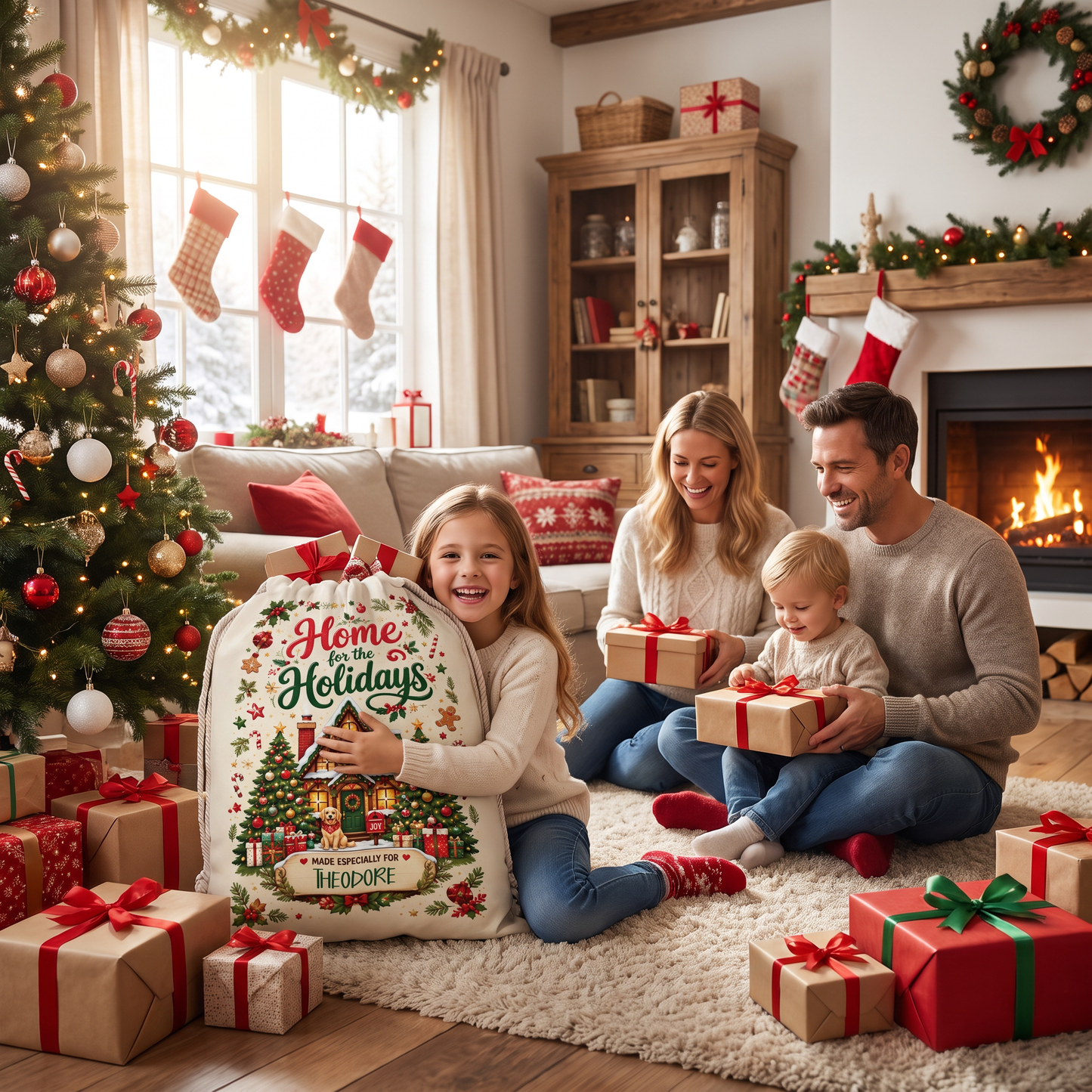 Personalized Home for the Holidays Christmas Sack, Custom Name Santa Gift Bag