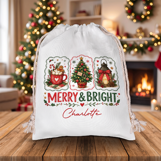 Personalized Merry & Bright Christmas Sack, Custom Name Santa Gift Bag