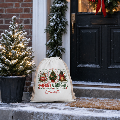 Personalized Merry & Bright Christmas Sack, Custom Name Santa Gift Bag