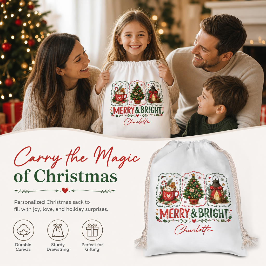 Personalized Merry & Bright Christmas Sack, Custom Name Santa Gift Bag