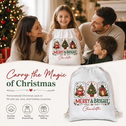 Personalized Merry & Bright Christmas Sack, Custom Name Santa Gift Bag