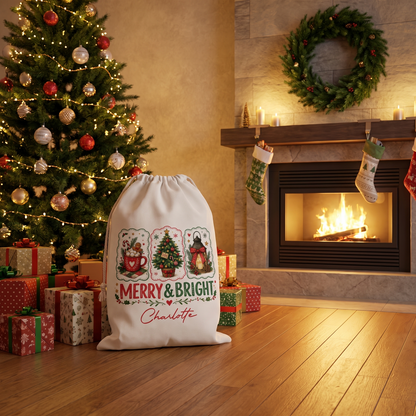 Personalized Merry & Bright Christmas Sack, Custom Name Santa Gift Bag
