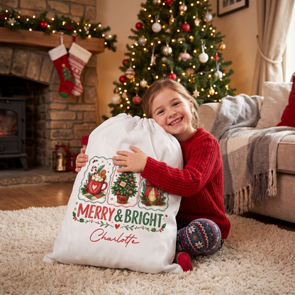 Personalized Merry & Bright Christmas Sack, Custom Name Santa Gift Bag