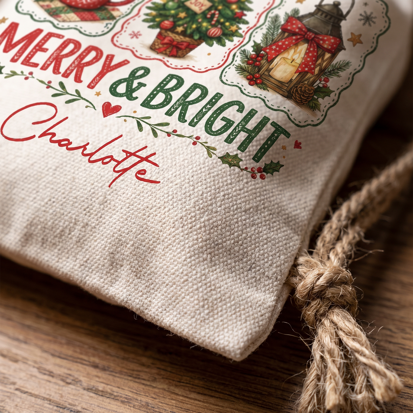 Personalized Merry & Bright Christmas Sack, Custom Name Santa Gift Bag