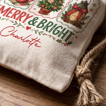 Personalized Merry & Bright Christmas Sack, Custom Name Santa Gift Bag