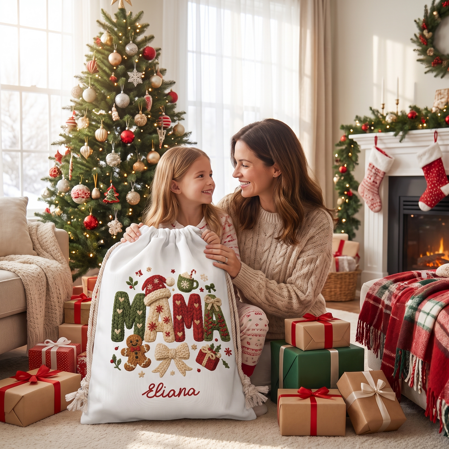 Personalized Mama Christmas Sack, Custom Name Santa Gift Bag