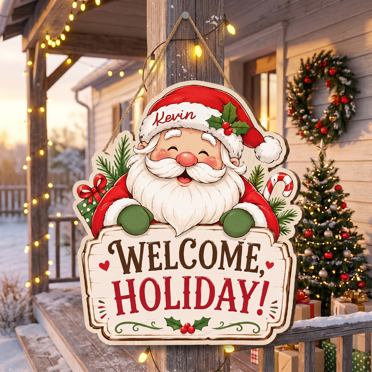 Personalized Santa Claus Custom Shape Wood Sign, Custom Name Welcome Holiday Cute Santa Claus Wooden Wall Hanging Decor for Christmas Home Entryway Door