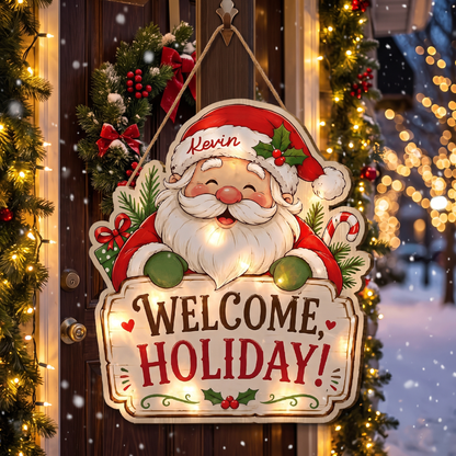 Personalized Santa Claus Custom Shape Wood Sign, Custom Name Welcome Holiday Cute Santa Claus Wooden Wall Hanging Decor for Christmas Home Entryway Door