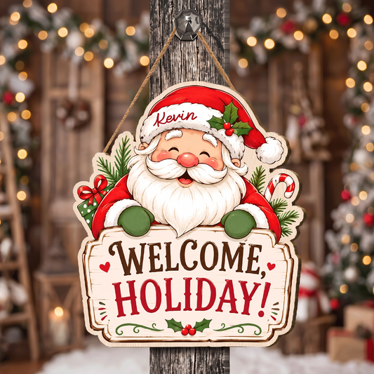 Personalized Santa Claus Custom Shape Wood Sign, Custom Name Welcome Holiday Cute Santa Claus Wooden Wall Hanging Decor for Christmas Home Entryway Door