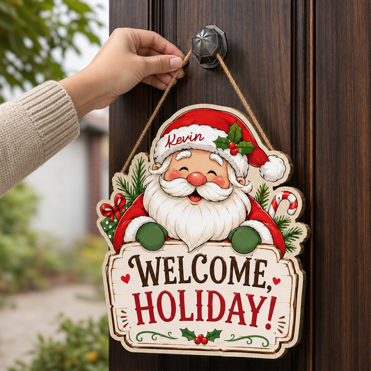 Personalized Santa Claus Custom Shape Wood Sign, Custom Name Welcome Holiday Cute Santa Claus Wooden Wall Hanging Decor for Christmas Home Entryway Door