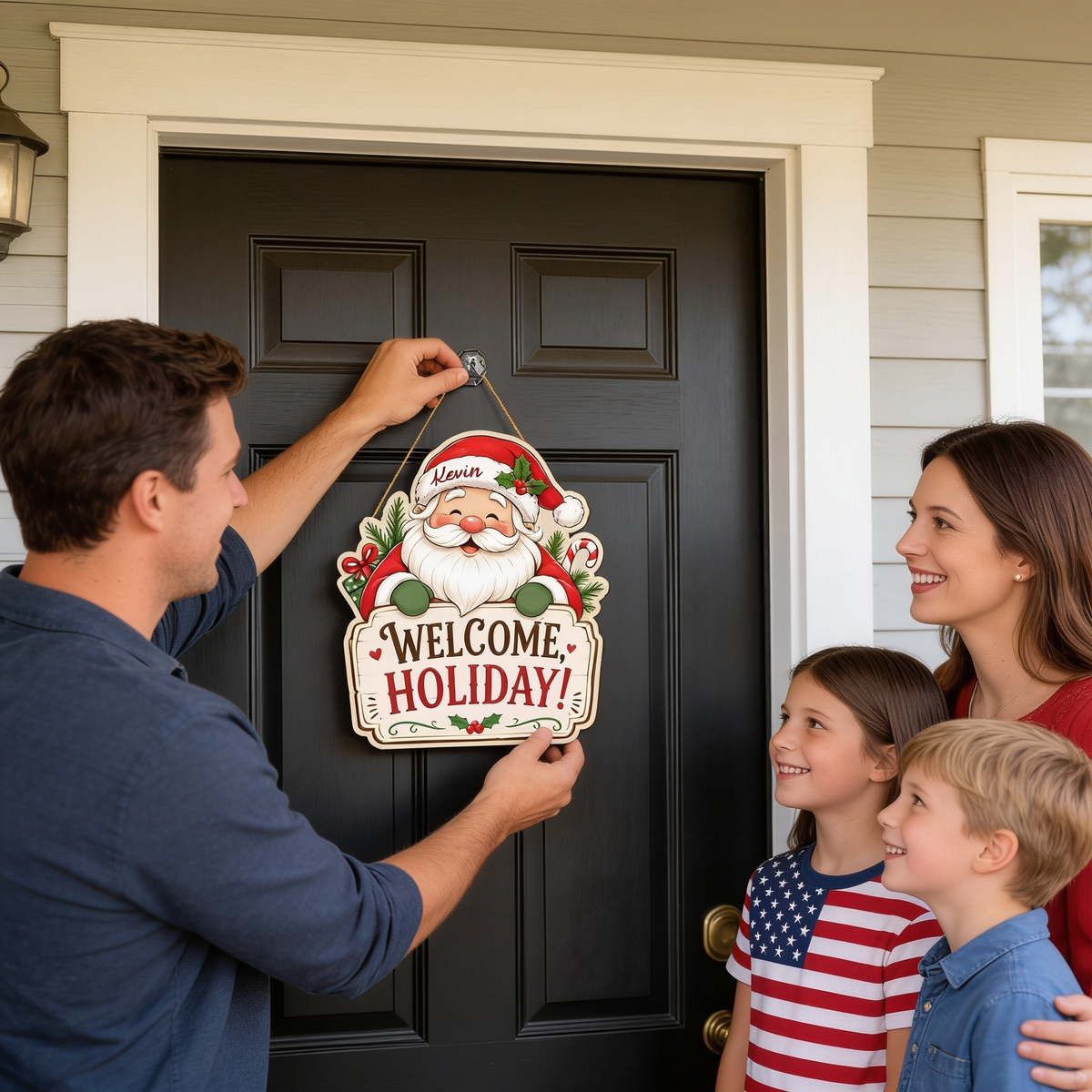 Personalized Santa Claus Custom Shape Wood Sign, Custom Name Welcome Holiday Cute Santa Claus Wooden Wall Hanging Decor for Christmas Home Entryway Door