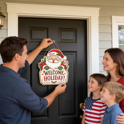 Personalized Santa Claus Custom Shape Wood Sign, Custom Name Welcome Holiday Cute Santa Claus Wooden Wall Hanging Decor for Christmas Home Entryway Door