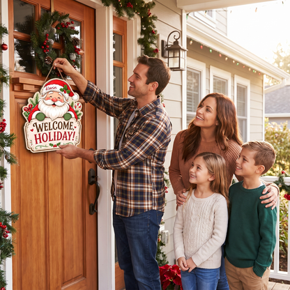 Personalized Santa Claus Custom Shape Wood Sign, Custom Name Welcome Holiday Cute Santa Claus Wooden Wall Hanging Decor for Christmas Home Entryway Door