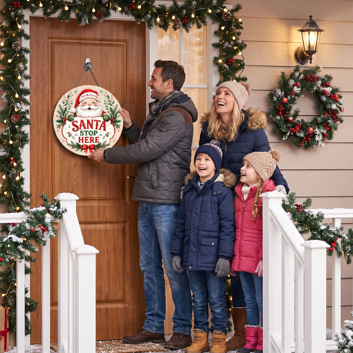 Personalized Santa Stop Here Custom Shape Wood Sign, Custom Family Name Santa Claus Round Wooden Wall Hanging Decor for Christmas Front Door & Home