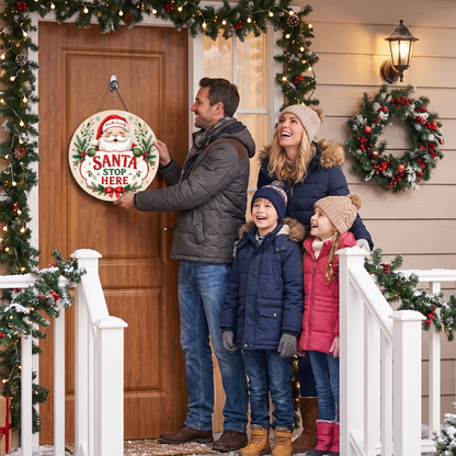 Personalized Santa Stop Here Custom Shape Wood Sign, Custom Family Name Santa Claus Round Wooden Wall Hanging Decor for Christmas Front Door & Home