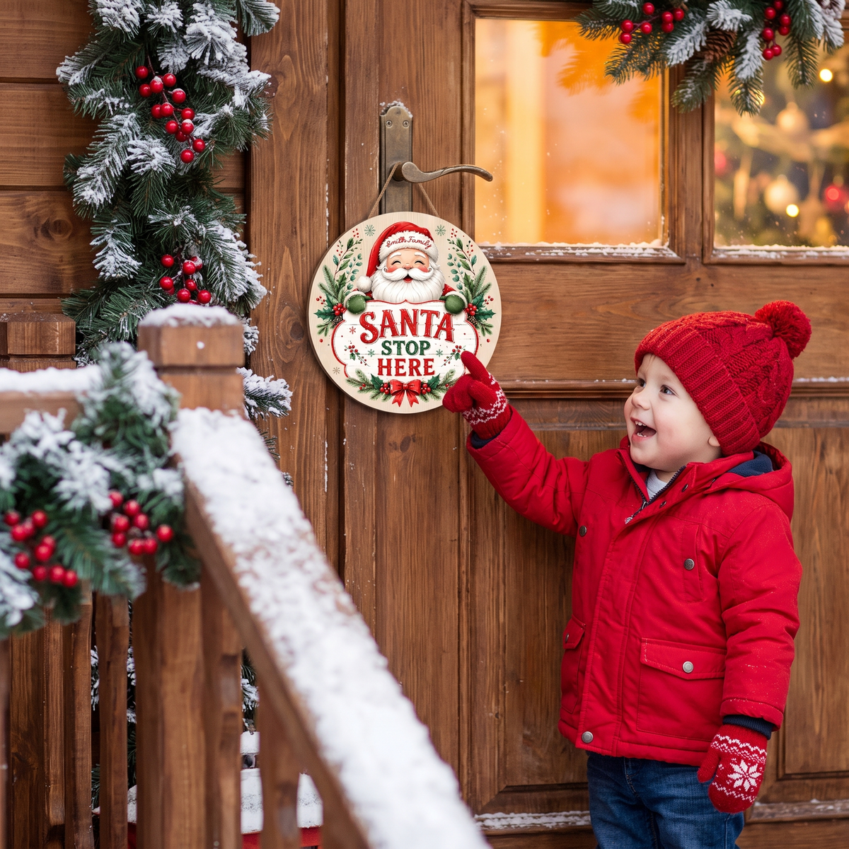 Personalized Santa Stop Here Custom Shape Wood Sign, Custom Family Name Santa Claus Round Wooden Wall Hanging Decor for Christmas Front Door & Home