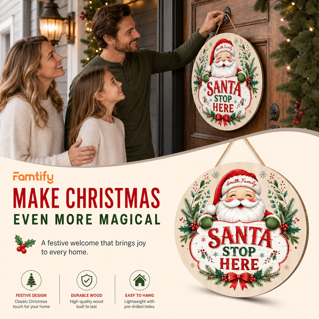 Personalized Santa Stop Here Custom Shape Wood Sign, Custom Family Name Santa Claus Round Wooden Wall Hanging Decor for Christmas Front Door & Home