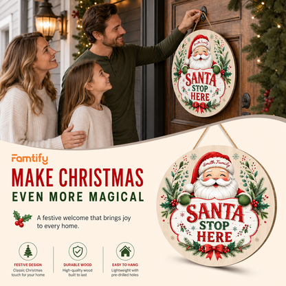 Personalized Santa Stop Here Custom Shape Wood Sign, Custom Family Name Santa Claus Round Wooden Wall Hanging Decor for Christmas Front Door & Home