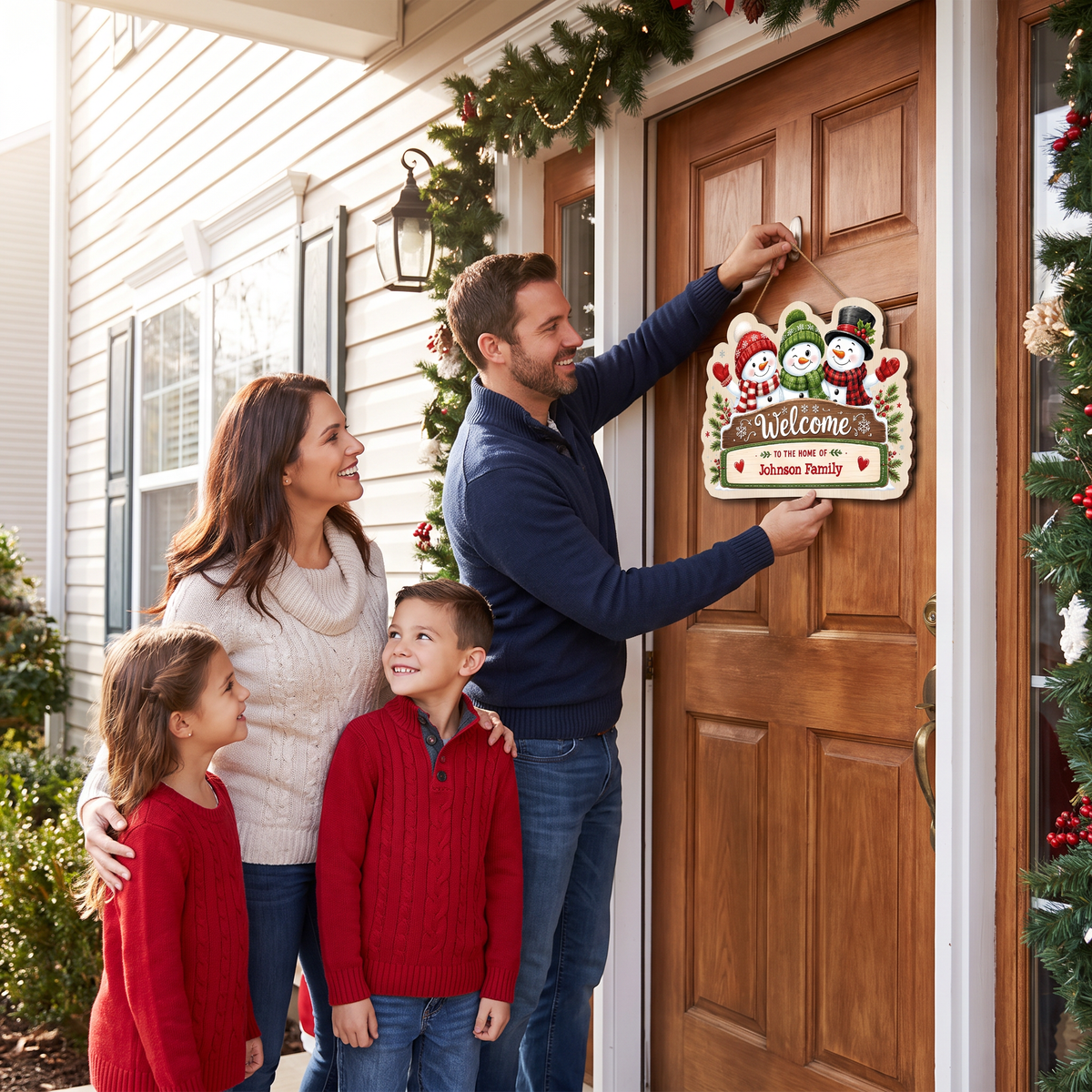 Personalized Snowman Family Welcome Custom Shape Wood Sign, Cute Christmas Door Hanger Custom Family Name Welcome To The Home Of Hanging Wooden Plaque, Holiday Wall Decor & Family Gift