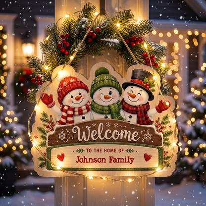 Personalized Snowman Family Welcome Custom Shape Wood Sign, Cute Christmas Door Hanger Custom Family Name Welcome To The Home Of Hanging Wooden Plaque, Holiday Wall Decor & Family Gift