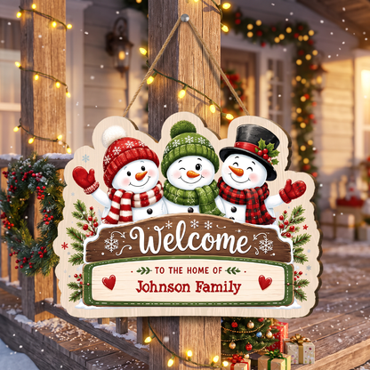 Personalized Snowman Family Welcome Custom Shape Wood Sign, Cute Christmas Door Hanger Custom Family Name Welcome To The Home Of Hanging Wooden Plaque, Holiday Wall Decor & Family Gift
