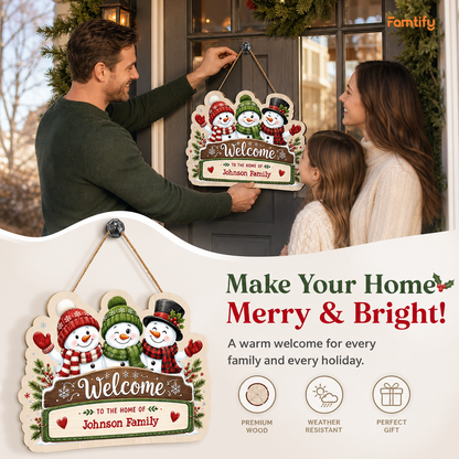 Personalized Snowman Family Welcome Custom Shape Wood Sign, Cute Christmas Door Hanger Custom Family Name Welcome To The Home Of Hanging Wooden Plaque, Holiday Wall Decor & Family Gift