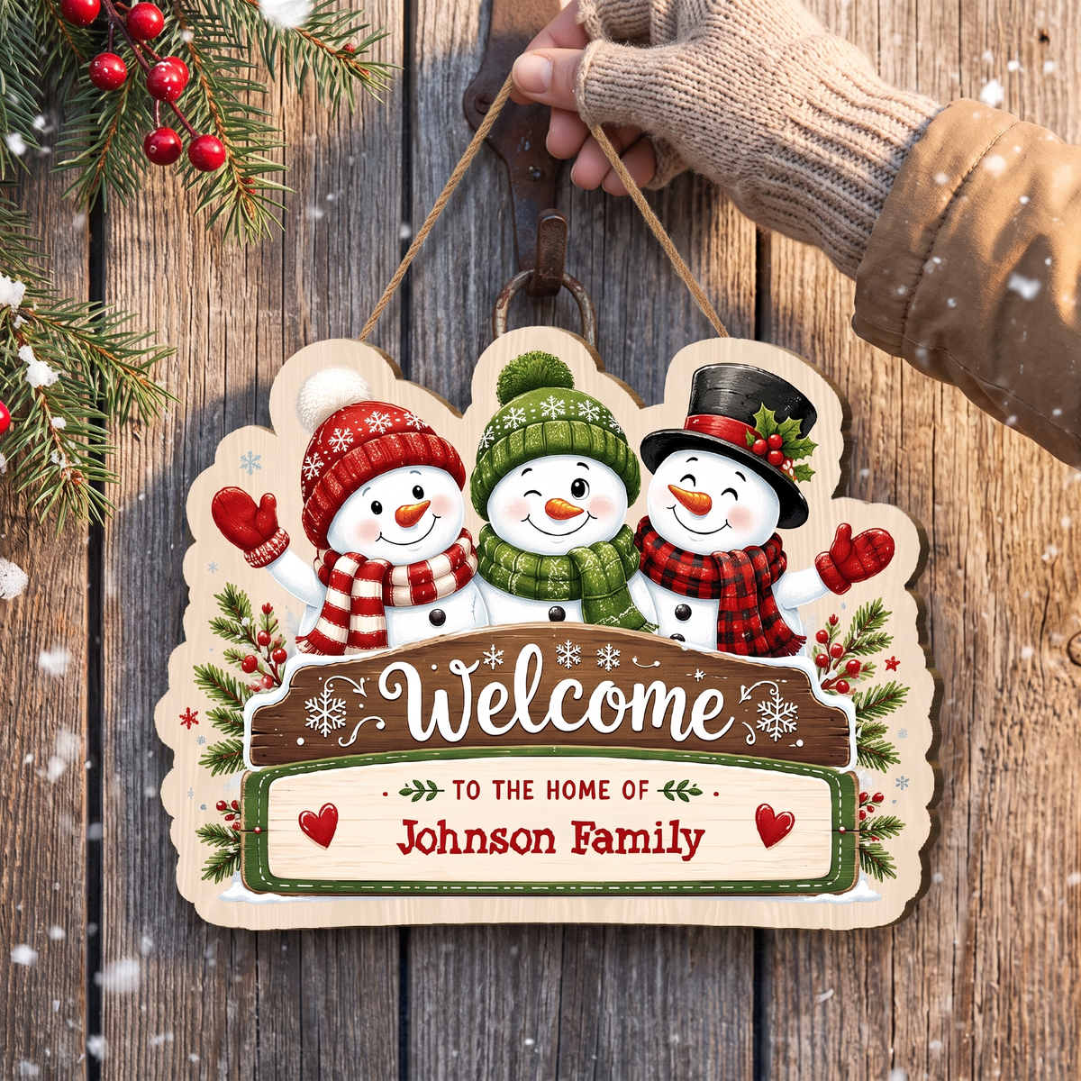 Personalized Snowman Family Welcome Custom Shape Wood Sign, Cute Christmas Door Hanger Custom Family Name Welcome To The Home Of Hanging Wooden Plaque, Holiday Wall Decor & Family Gift