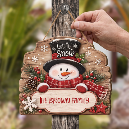 Personalized Snowman Let It Snow Custom Shape Wood Sign, Cute Christmas Door Hanger Custom Family Name Rustic Wooden Plaque, Winter Wall Decor & Holiday Family Gift