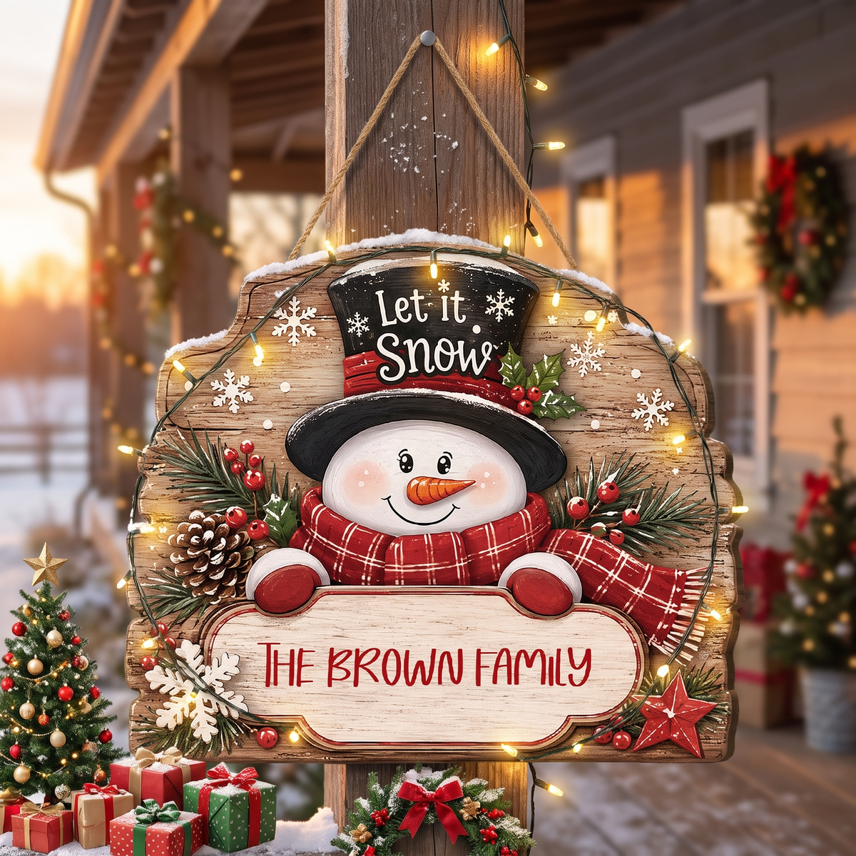 Personalized Snowman Let It Snow Custom Shape Wood Sign, Cute Christmas Door Hanger Custom Family Name Rustic Wooden Plaque, Winter Wall Decor & Holiday Family Gift