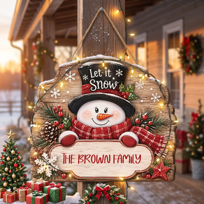 Personalized Snowman Let It Snow Custom Shape Wood Sign, Cute Christmas Door Hanger Custom Family Name Rustic Wooden Plaque, Winter Wall Decor & Holiday Family Gift