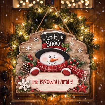 Personalized Snowman Let It Snow Custom Shape Wood Sign, Cute Christmas Door Hanger Custom Family Name Rustic Wooden Plaque, Winter Wall Decor & Holiday Family Gift